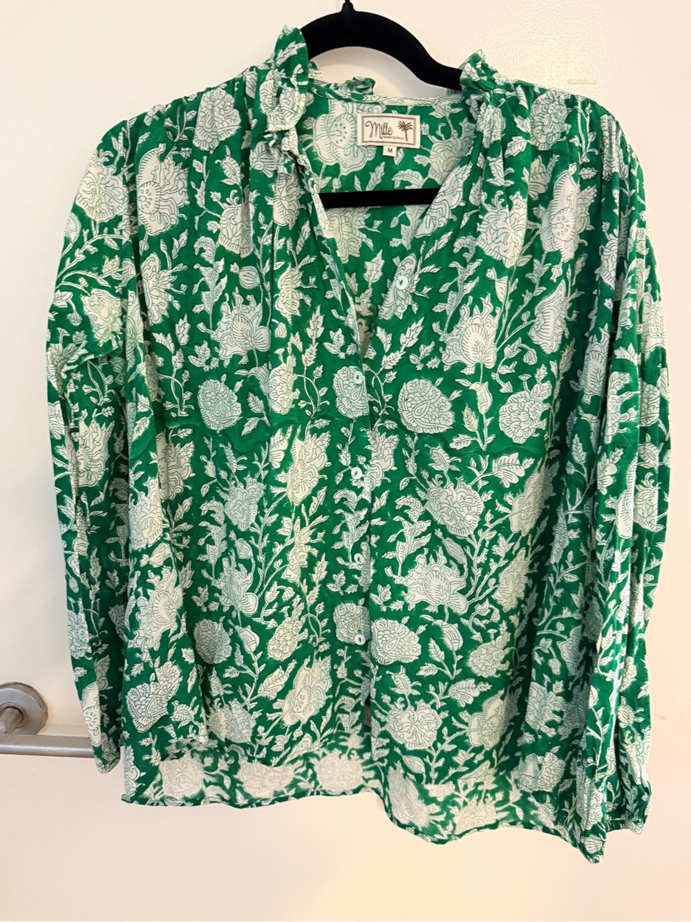 Mille Resort & Travel Green Floral Block Print Blouse Medium Cotton Boho Top